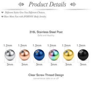 Set of 316L stainless steel 3mm piercing balls with internal thread in 6 colors
