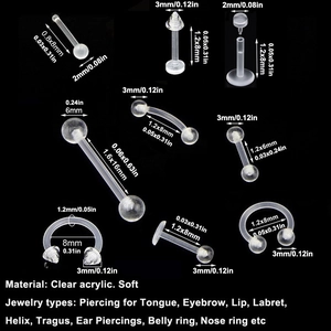 8pcs clear acrylic body piercing jewelry set including lip, brow, and tongue rings