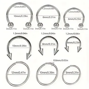 Set de 9 piercings de nariz de acero inoxidable con herraduras y anillos de segmento plata