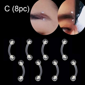 8pc clear acrylic curved barbells for eyebrow and ear piercings on black background