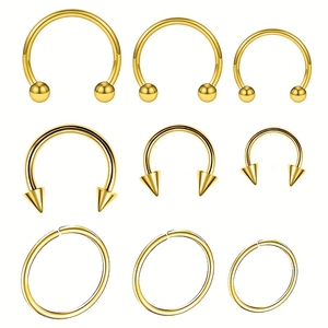 Set de 9 piercings de nariz dorados con diseños de bola, cono y aros en acero inox