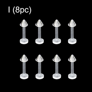 Set of 8 transparent acrylic labret studs with cone tops for piercings shown on black background