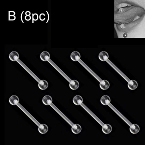 Set of 8 transparent acrylic piercing studs for lip and tongue on black background