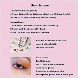 Detail guide for self-adhesive metal-finish acrylic gems on face and body skin