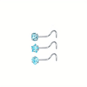 Dreiteiliges Edelstahl Nasenstecker Set mit blauen Herz Stern und runden Zirkonia