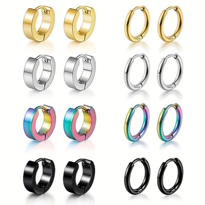 Ocho pares de pendientes de aro de acero inoxidable en oro, plata, arcoíris y negro