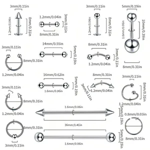 Guía de tallas para set de piercings de acero con anillos para ombligo, labio y nariz