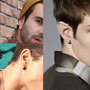Set de pendientes de aro de acero inoxidable en plata, negro y azul para hombre