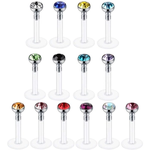 14-teiliges Lippenpiercing-Set aus Acryl mit bunten Zirkoniasteinen auf Weiß