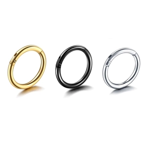 Sleek stainless steel hinged hoops in gold, black and silver for nose and lip piercing