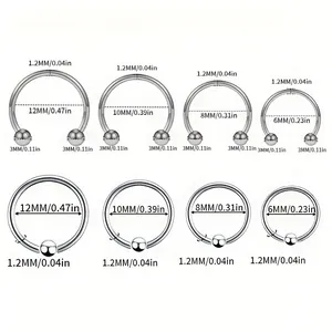 Guía de tallas para set de piercings de herradura y aros con bola en acero inoxidable