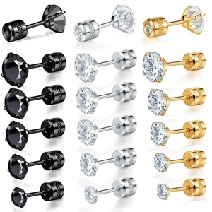 Stainless Steel Cubic Zirconia Stud Earrings Minimalist Round Geometric Jewelry With Screw Back For Women Men Assorted Sizes