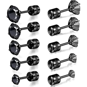 Detailed set of five black stainless steel stud earrings with screw back design