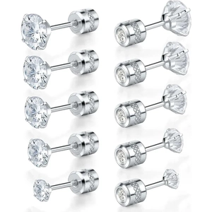 Detail showing 5 pairs of silver stud earrings with zirconia and threaded backings