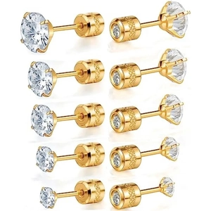 Set of five gold-plated cubic zirconia stud earrings with threaded safety back design