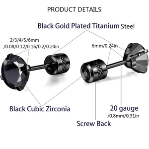5 pairs of black stainless steel stud earrings with cubic zirconia and screw backs