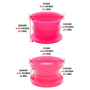 Pink acrylic ear gauge tunnels size chart showing height and flare dimensions in inches