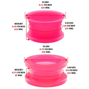 Detailed size chart for pink silicone ear gauges showing dimensions for double flare tunnels