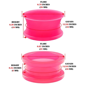 Detailed dimension chart for pink translucent silicone ear plugs in various gauge sizes
