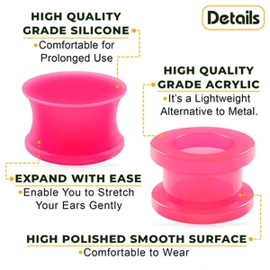 Pink acrylic and silicone ear gauge set featuring high-polished surfaces for stretching