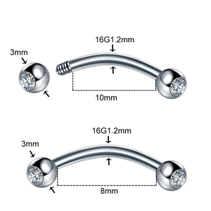Stainless steel curved eyebrow rings with 16G 1.2mm thickness and 3mm clear cubic zirconia