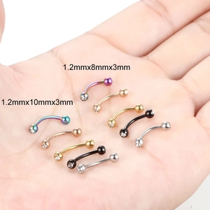 Curved eyebrow rings in stainless steel with zircon gems in 1.2mm gauge five color pack