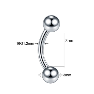 Detail of 16G curved barbell piercing with 8mm length and 3mm ball in polished steel