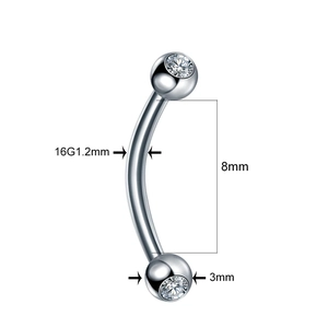 Detail of 16G stainless steel curved piercing with 3mm cubic zirconia gems