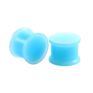 Macro detail of soft light blue silicone ear plugs featuring double flared design
