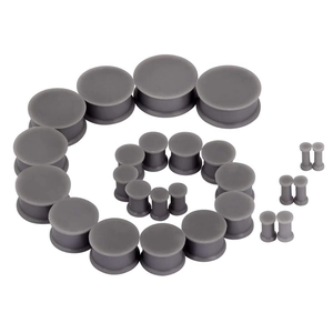 Set of grey-purple silicone double flare ear tunnels in various sizes arranged in a spiral