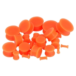 Multiple sizes of orange silicone double flare ear plugs in a stacked set display