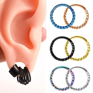 Detailed view of 1.2mm twisted rope hoop earrings and nose rings in six metallic finishes