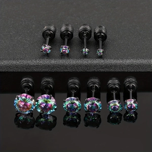 Lot de 5 paires de boucles d'oreilles irisées en acier inoxydable noir avec zircons