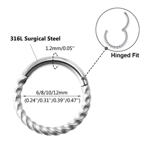 316L surgical steel hinged nose ring with twisted design and 1.2mm wire thickness