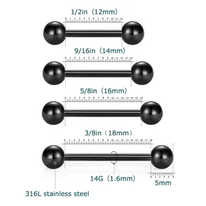 Size chart for 14G black stainless steel tongue rings with lengths from 12mm to 18mm