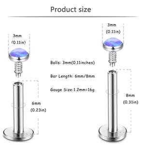 Guía de tallas para labrets de acero y opalo 16G con barras de 6mm y 8mm de longitud