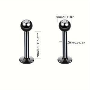 Paire de piercings labret en acier noir avec zircons clairs et spécifications de taille