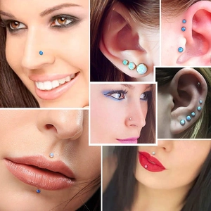 Collage de primeros planos de piercings de acero inoxidable con ópalo en nariz, oreja y labio