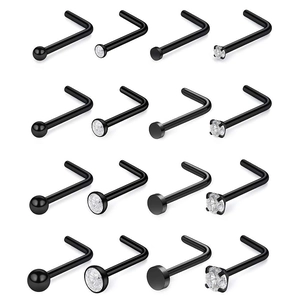 316 Edelstahl L-Form Nasenstecker Set Für Damen Herren AAA+ Zirkonia Kugel Flaches Top Piercing Schmuck Gold Silber Roségold Schwarz