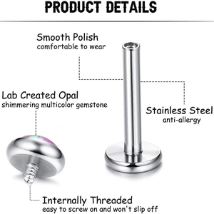 Set de piercings labiales de acero inoxidable y opalo con rosca interna