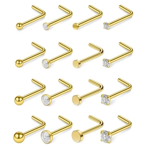 16-teiliges 20G Edelstahl L-Nasenpiercing Set mit Goldfinish und klaren Zirkoniasteinen