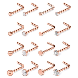 16er-Set L-förmige Nasenstecker in Roségold mit polierten Kugeln und funkelndem Zirkonia-Stein