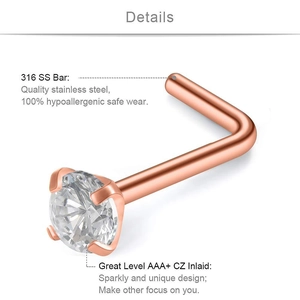 Hypoallergenes L-Nasenpiercing in Roségold mit funkelndem AAA-Zirkonia auf weißem Grund