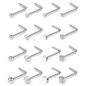 16-teiliges Set aus Edelstahl L-Nasensteckern in Silber mit Zirkonia-Steinen im Set