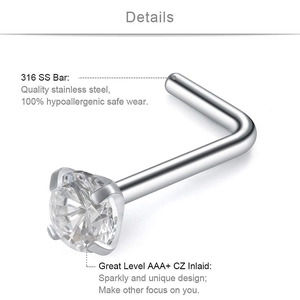 Makroansicht von L-Nasenstecker aus 316L Edelstahl mit AAA+ Zirkonia-Edelstein