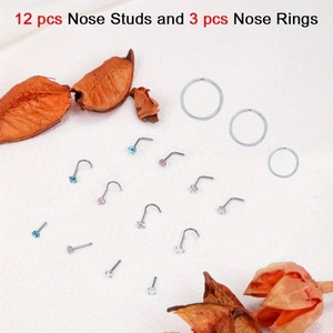Set de 15 piercings de nariz en acero inoxidable con formas de corazón y estrella