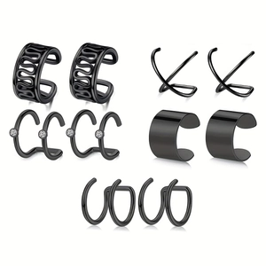 12-teiliges schwarzes Edelstahl-Ohrklemmen-Set mit Kreuz-Design und Zirkonia-Steinen