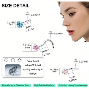 Set de 15 piercings de nariz en acero inoxidable con circonitas de colores 18G 3mm