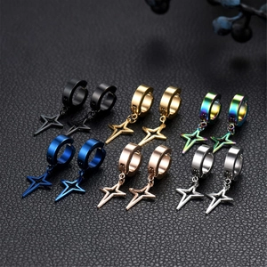 Boucles d'Oreilles Créoles Pendantes Étoile en Acier Inoxydable Hommes Femmes Punk Gothique Étoile à Quatre Branches Ajourée Bijoux