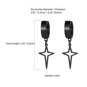 Boucles d'oreilles créoles en acier noir avec pendentif étoile et mesures détaillées